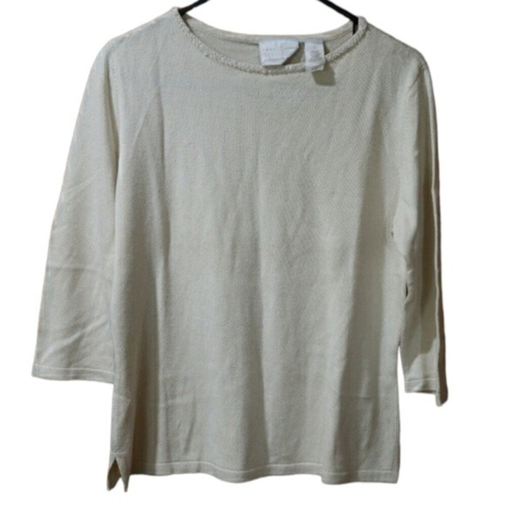 Emma James White Silk Cashmere Beaded Neck 3/4 Sleeve Knit Top LG